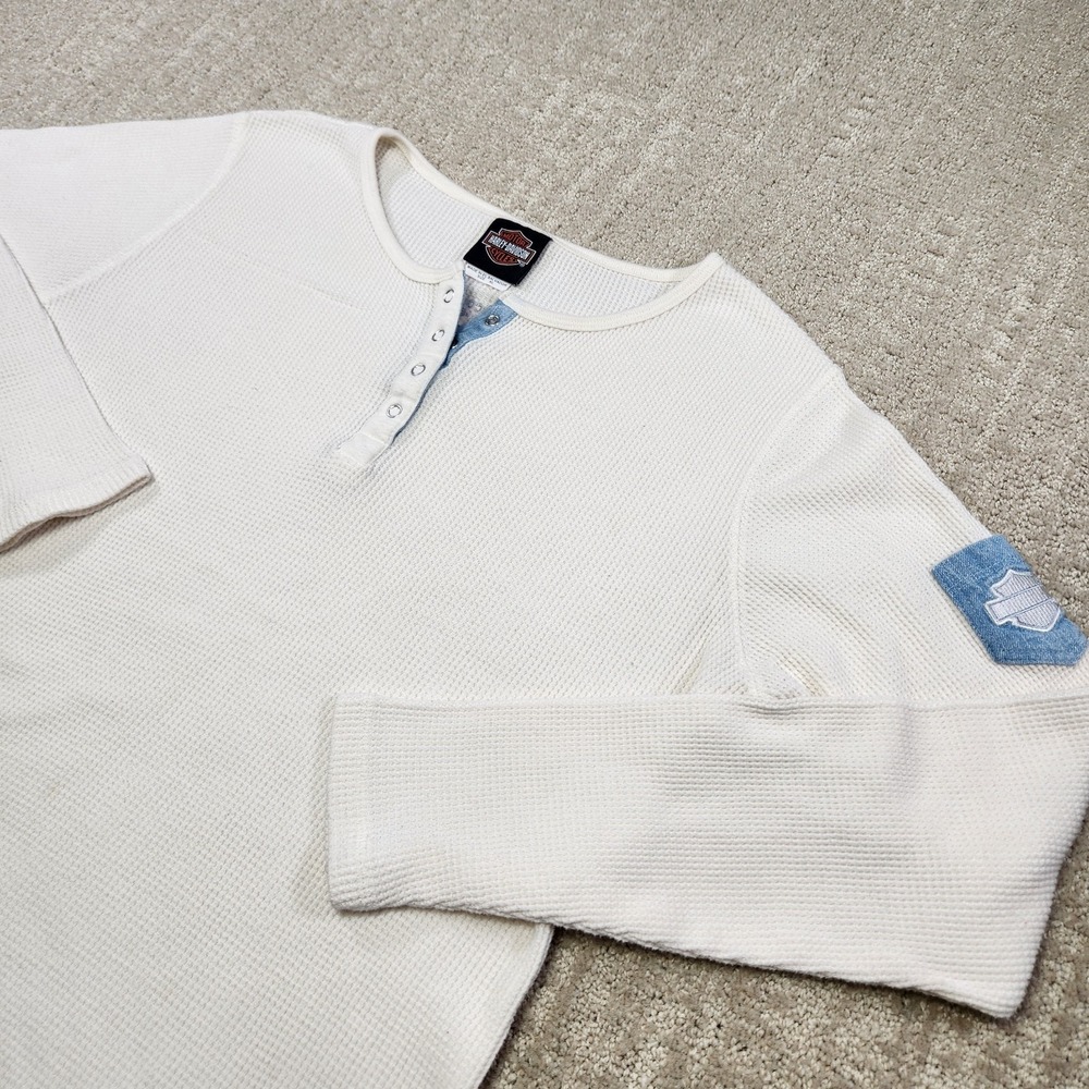 Harley-Davidson Women's Cream Long Sleeve Waffle Henley with Blue Patch